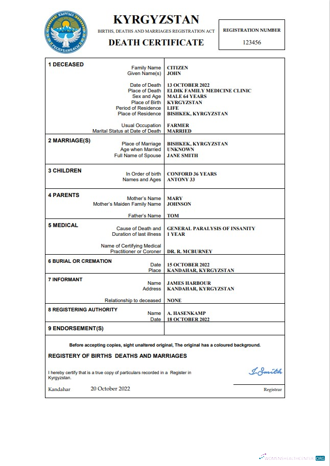 Download Kyrgyzstan death certificate Word and PDF template Photoshop template